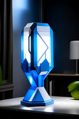 gaming table lamp inspired by stark tower buliding architecture futuristic-modern stlye. geometric form, blue and white color scheme