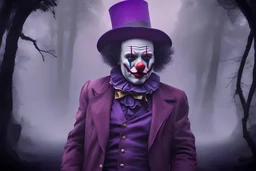 Clown looking figure smoking cigar in the middle of a misty forest with purple sky