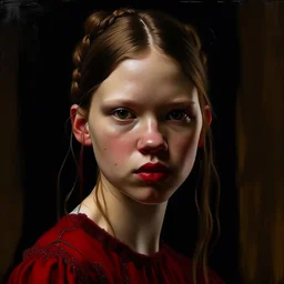 Actress Mia Goth, there are freckles on her cheeks, she has no eyebrows, she has pouty lips, red cheeks and nose, braids, red dress, in the style of egon Schiele painting