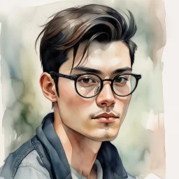 watercolour, large strokes, stylistic, portrait, illustration, dull colours, young, 20-something male, tailbone long black hair, brown eyes, has a certain aura of confidence,sharp facial features, slick angular glasses.