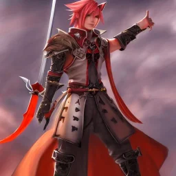 final fantasy 14, crimson red hair, full body male, miqote, wolf ears, orange colored eyes, tan skin, gunbreaker, sword in left hand, white coat, popular knight work