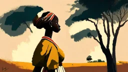 Design, African woman, oil painting, featureless, graphic, drawing without facial features, background, sky, trees, traditional clothes, cartoon, looking left