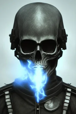 All Black british soldier, ghost, wearing high tech skull mask, white smoke, dark, rage, sorrow, high definition, ultra 8 k, volumetric lighting, blue fire, fog