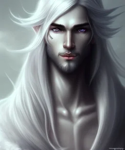 Elf, Male, Long White Hair, Black Skin, Lavender Eyes