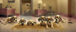 indian hotel front desk with dirty puppies pooping all over the carpet