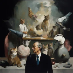 UN conference,a cat and human flesh-like surgical instruments and universe-like a pigeon and neuralink, surrealism,minimalism,Painting By Adrian Ghenie, Rene Magritte, Salvador Dali, Lucian Freud