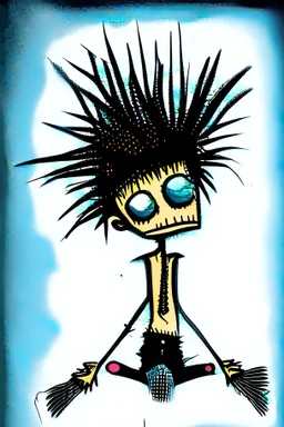 2d drawing of a stickman, cool with punk hair, x eyes like in hangman, laying flat on stomach,top view of full body,3d realistic in colour