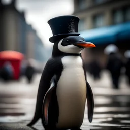 a 4k photograph of a penguin in a top hat in london