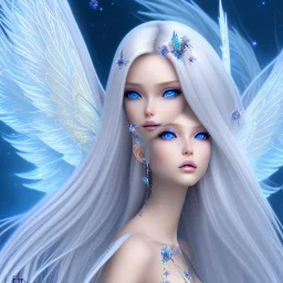  beautiful, soft, smiling, long and straight blonde hair, bluish background, fairy wings on the back