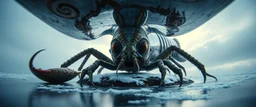 airbrush 3d rendering, frontal close up of alien gremlin underneath chrome centipede lobster huge space ship on small frozen island in lake, pinhole cam, background motion blur