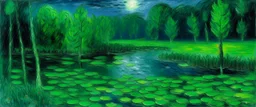 A green lily pad swamp at night painted by Claude Monet