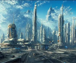 Space Center on a heavy industrialized planet with a futuristic city in the background, retrofuturistic, art by John Berkey, buildings with glass facades, brutalist architecture, insanely detailed, vibrant, 8k uhd, cinematic atmosphere, ultra-wide angle, street level view, brush strokes, blue sky with clouds, sharp focus