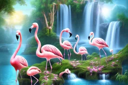 island waterfall palms twigs spring bridge birds flamingos