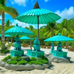 A greenish blue island resort with parasols designed in Hawaiian tiki statues painted by Diego Rivera