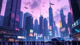 A futuristic cityscape at dusk, where towering skyscrapers of glass and steel pierce the sky, their surfaces reflecting the deep purple and blue hues of the fading day. The city is alive with neon lights and holographic advertisements, their colors shifting and blending in a hypnotic display. Drones fly through the air, delivering packages and messages, while sleek autonomous vehicles glide through the streets below. In the foreground, a group of people gather in a public square, their clothing