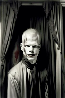 Artistic portrait of an albino vampire portrayed by Kadaj in front of a blood splattered curtain by Herbert List