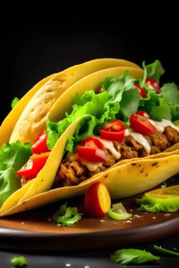 A picture of a delicious and juicy taco with a variety of toppings such as cheese, lettuce, and tomatoes.