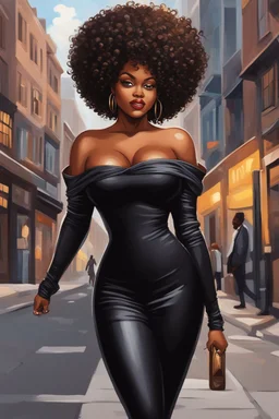 Create a oil painting cartoon image of a curvy black female walking thru the city streets wearing a black off the shoulder jumpsuit. Prominent make up with brown eyes. Highly detailed tight curly black shiny afro