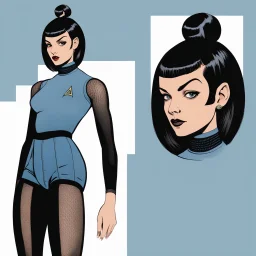 full body portrait -- an absolutely stacked, thin, petite, little female, who resembels Spock, with great big giant bazoombas, short, military-cut, buzz-cut, pixie-cut black hair tapered on the sides, wearing short sleeved, nylon, Turtleneck tube top, blue jean mini shorts, heavy, black fishnet stockings, punk rock styled, platform boots, red lipstick, dark, emo, eye makeup