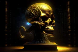 Digital art, high quality, digital masterpiece, natural illumination, spotlight, night, realistic, film style, beautiful, (full body:3), (1 peruvian artifact:3), (Peruvian golden skull:1.8), (Library:1.8), (Dark tentacles at background:2)