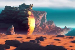 person, exoplanet in the horizon, big stones, cliff, science fiction, epic scene.