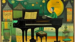 Lonely pianist, folk art surreal; mid-20th century naive art, abstract,