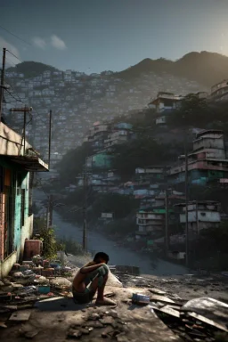 sad tired depressed boy back abandoned in favela in Rio de Janeiro on christmas night