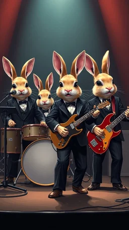 A four rabbits musicians wearing Suits playing in rock band with drummer and keyboard player and guitars on stage