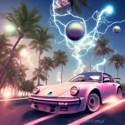 1980's aesthetic vaporwave palm trees and spheres and Porsche with lightning