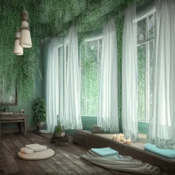 a gorgeous spa with gauzy curtains, dark wood floor, decorative blue-green pond, plants, candles, 8k resolution, white bean bag, high-quality, fine-detail, digital art, detailed matte, volumetric lighting, illustration, 3D octane render, brian froud, howard lyon, greg rutowski, George Grie