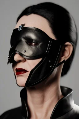 executioner in black leather, mature woman, skintight eye mask, cleavage, evil, angry, steam punk, 8k,dark