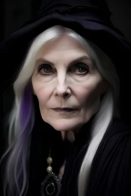 bruja 50 añosvestida de negro piel palida ojos violetas pelo blanco medieval