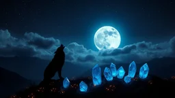 Hyper Realistic Silhouette Of A Big Wolf Howling On A Mountain Top With Lots Of Fireflies Around It & Beautiful Stars & A Cloudy Full Moon At Dark Night With 7 big blue crystals Glowing in the dark around the Wolf Showing Dramatic & Cinematic Ambiance.