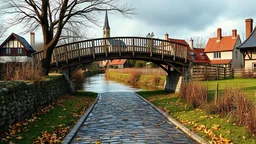 A stunning 3D render of a watercolor painting depicting a quaint rural scene during a rainy day. A cobblestone path winds towards a wooden bridge, which gracefully arches over a swollen creek filled with leaves. The village in the background boasts cozy houses and a stately church, casting elongated shadows under the overcast sky. The overall atmosphere is serene and atmospheric, capturing the essence of a peaceful, rain-soaked countryside., 3d render