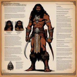 monster concept sheet with AD&D statistics and characteristics : the Sandokan (1976) character class with table of special powers