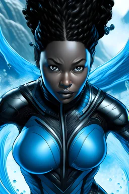 A black female superhero with water powers close up