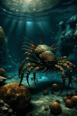 under deep ocean with crustaceans