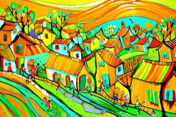 whimsical arafed nonsense, patchwork vibe, acrylic and ink painting of a cozy village main street on undulating hills with color (((minimal))) sketches of village people with (((extremely long limbs))), (((oversize head))), sharp color contrasts, amazing shadows, (((exaggerated limbs and head))), minimal cozy, warm palette, bright bold warm summer green yellow orange black colors, color leak, heavily distorted views, amazing parallels, amazing reflections