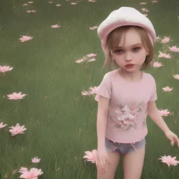 Lily rose depp toddler, full body, floral clothes, dynamic pose, tokio background, dramatic lighting, hyper realistic, unreal engine, 8k, upscale