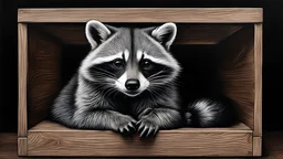 A black and white photo of a raccoon in a wooden box, scratchboard artwork by Caroline Lucy Scott, photorealism, beautiful painting on black canvas, etching, oil on canvas, miranda meeks, black ink drawing, large pastel, ignacio fernandez rios,