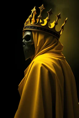 Hastur- the king in yellow, profile picture, his robe where his face should be is hollow and peering to the side, he is wearing a yellow iron crown , the crown is minimalistic and ruggedly forged, his face is behind a grotesque mask, a dimly lit ghostly light shines behind him, the background is a dark void, immaculate Renaissance dot shading,