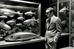 imitating black and white dioramas, man in three-piece suit, whose head has been replaced by a fish tank, estilo parker harrison, collage