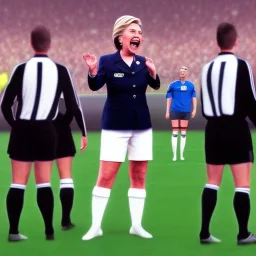 Hillary Clinton in a referee jersey officiating for a soccer match at Wembley Stadium