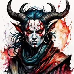 highly detailed full color, ink wash and watercolor concept illustration of an ancient, haggard, world weary, female Tiefling anti heroine character , maximalist, sharp focus, highest resolution, in the styles of Alex Pardee, Denis Forkas , Bill Sienkiewicz, and Masahiro Ito, boldly inked, 8k, coarse, gritty textures