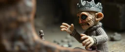 pin hole picture, miniatures on fake scene,master oil painting by Rembrandt, good afternoon disney bitch scary stone age vampire king, close up on a stupid knitted doll trying to explain something weird, in the style of HR Giger