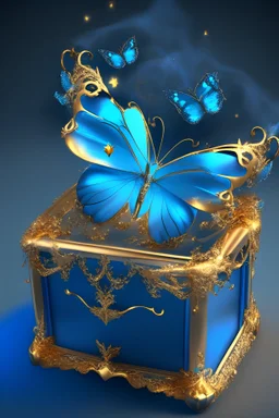 Tiara of gold and blue diamonds,kept in a gold box, blue smoke around it, gold butterflies, realistic, cartoon, 8k resolution