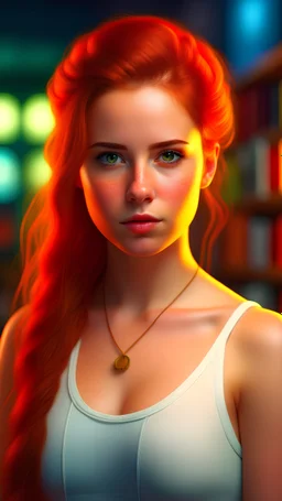 professional portrait, soft green eyes, (extremely detailed CG unity 8k wallpaper), full shot body photo of a beautiful women wearing a white cropped tank top, thin athletic body, , long wavy light brown hair with a tight braid on the left side, High Detail, Sharp focus, dramatic, photorealistic, orange ginger hair, soft lighting, library background, dslr, f/4.0, 19 years old, golden hour