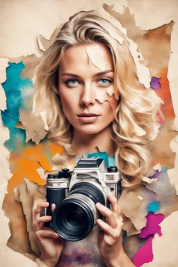 portrait of a blonde woman with a camera, background old torn paper, bright colors, ART drawing, fine rendering, 8K