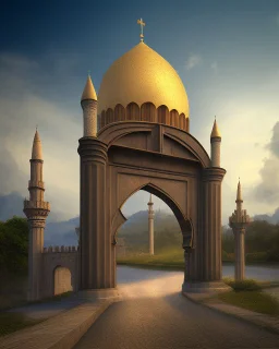 A gothic_arab gate with a view of an old Arab city