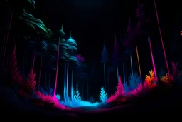 a wild neon vibrant forest in front of a black sky